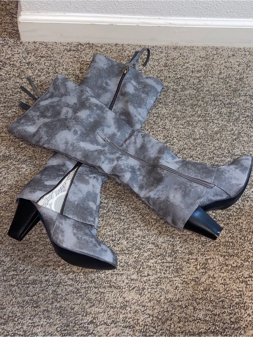 Women's Gray Faux Suede-Look Knee Boots with Side Zipper